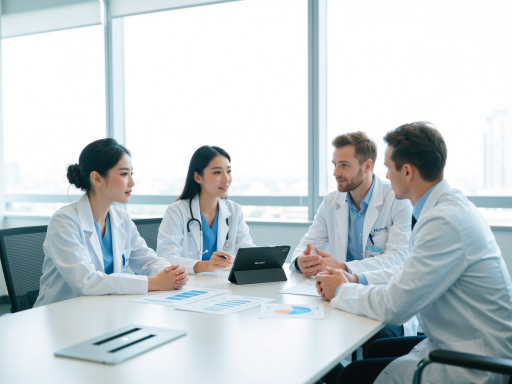 医疗管理咨询团队会议场景,现代化办公室环境,专业顾问讨论医院管理方案